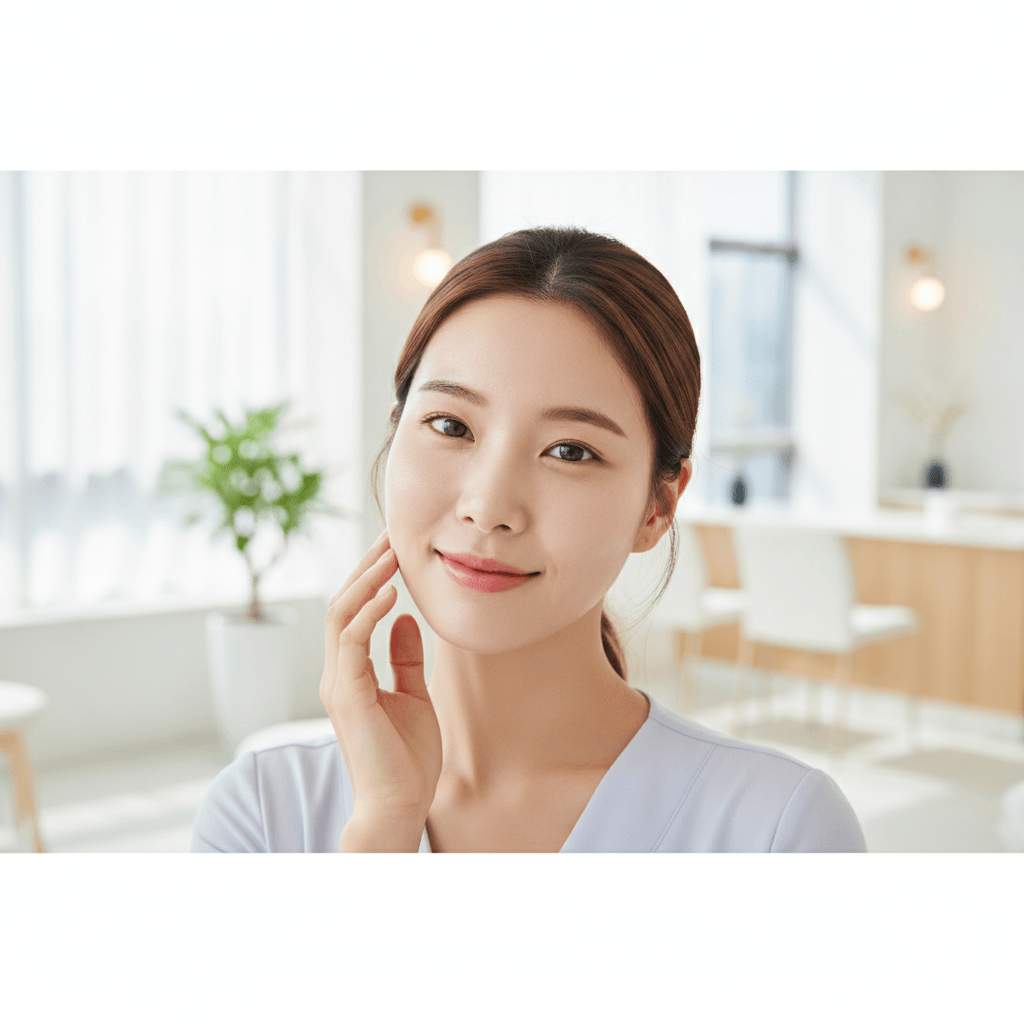 Close-up of clear, healthy Korean skin after a Rejuran skin-booster course at Delphic Clinic in Gangnam, Seoul
